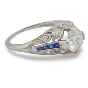 Art Deco style GIA .98 carat diamond sapphire platinum engagement ring