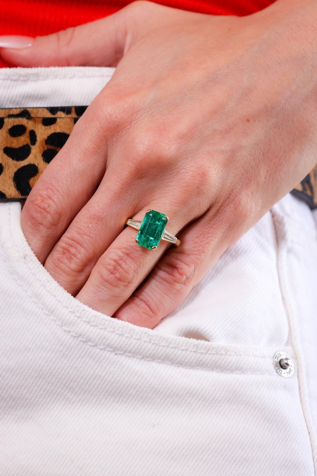 Modern GIA 3.81 Carat Emerald Diamond Yellow Gold Three Stone Ring