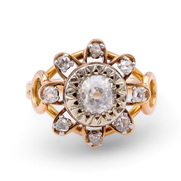 Victorian Old Mine Cut Diamond 18K Yellow Gold Cluster Ring