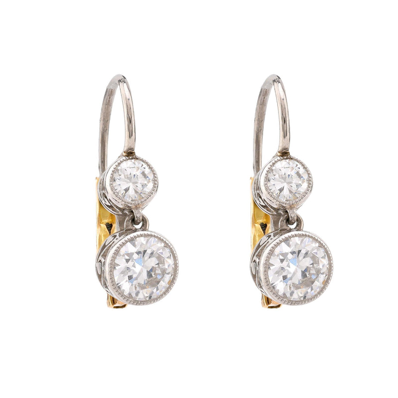 Edwardian Inspired Diamond Platinum Two Stone Drop Earrings