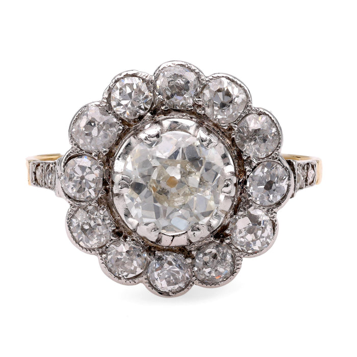 Edwardian Inspired 1.85 Carat Diamond 18K Yellow Gold Cluster Ring