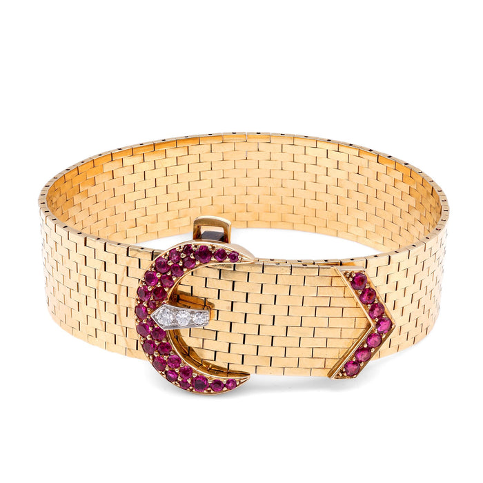 Retro Ruby Diamond 14K Yellow Gold Buckle Bracelet