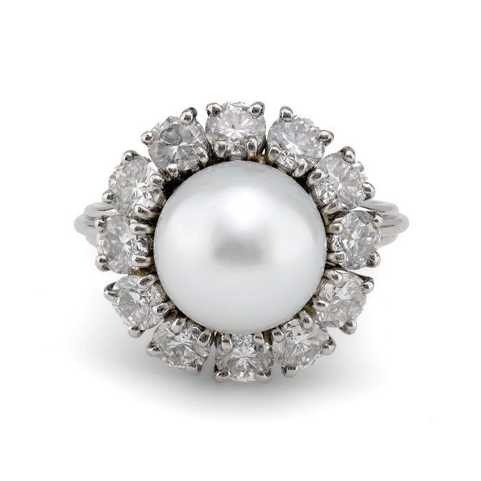 Mid-Century South Sea Pearl Diamond Platinum Cocktail Ring