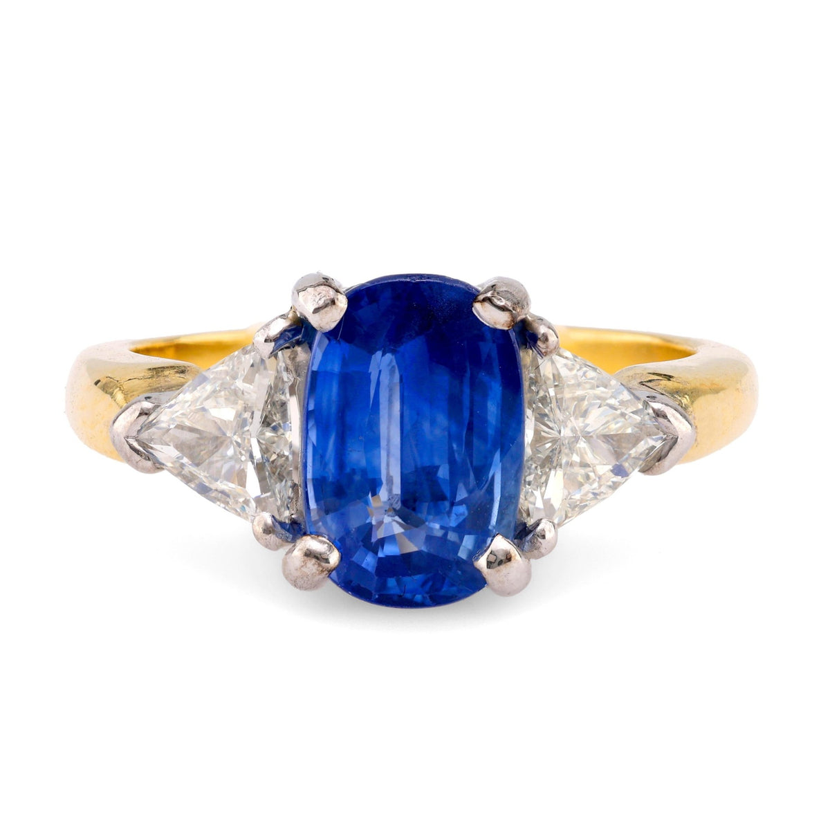 GIA 2.21 Carat Sapphire Diamond 18K Yellow Gold Three Stone Ring