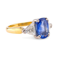 GIA 2.21 Carat Sapphire Diamond 18K Yellow Gold Three Stone Ring