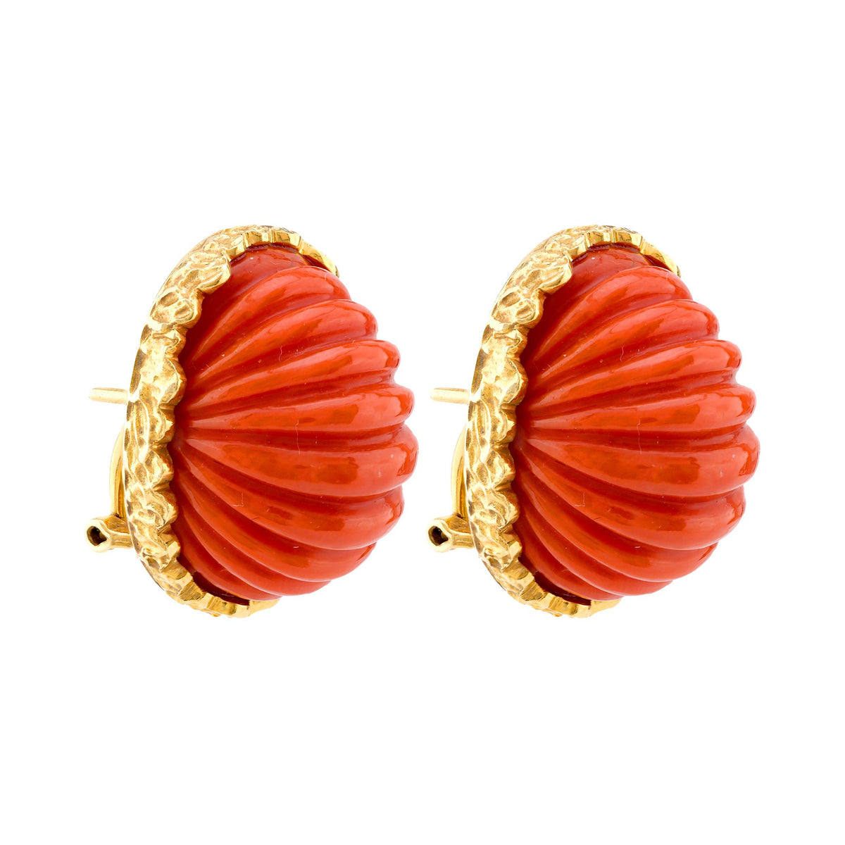 Mid Century Large Fluted Coral 18K Yellow Gold Earrings