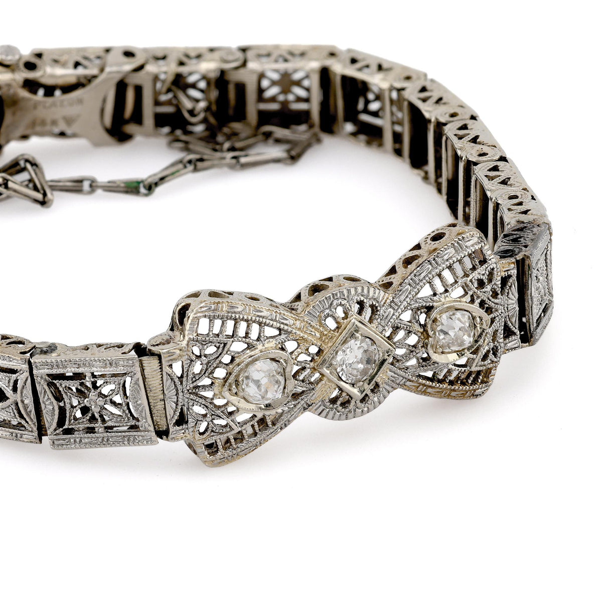 Art Deco Diamond Sapphire 14K White Gold Filigree Bracelet