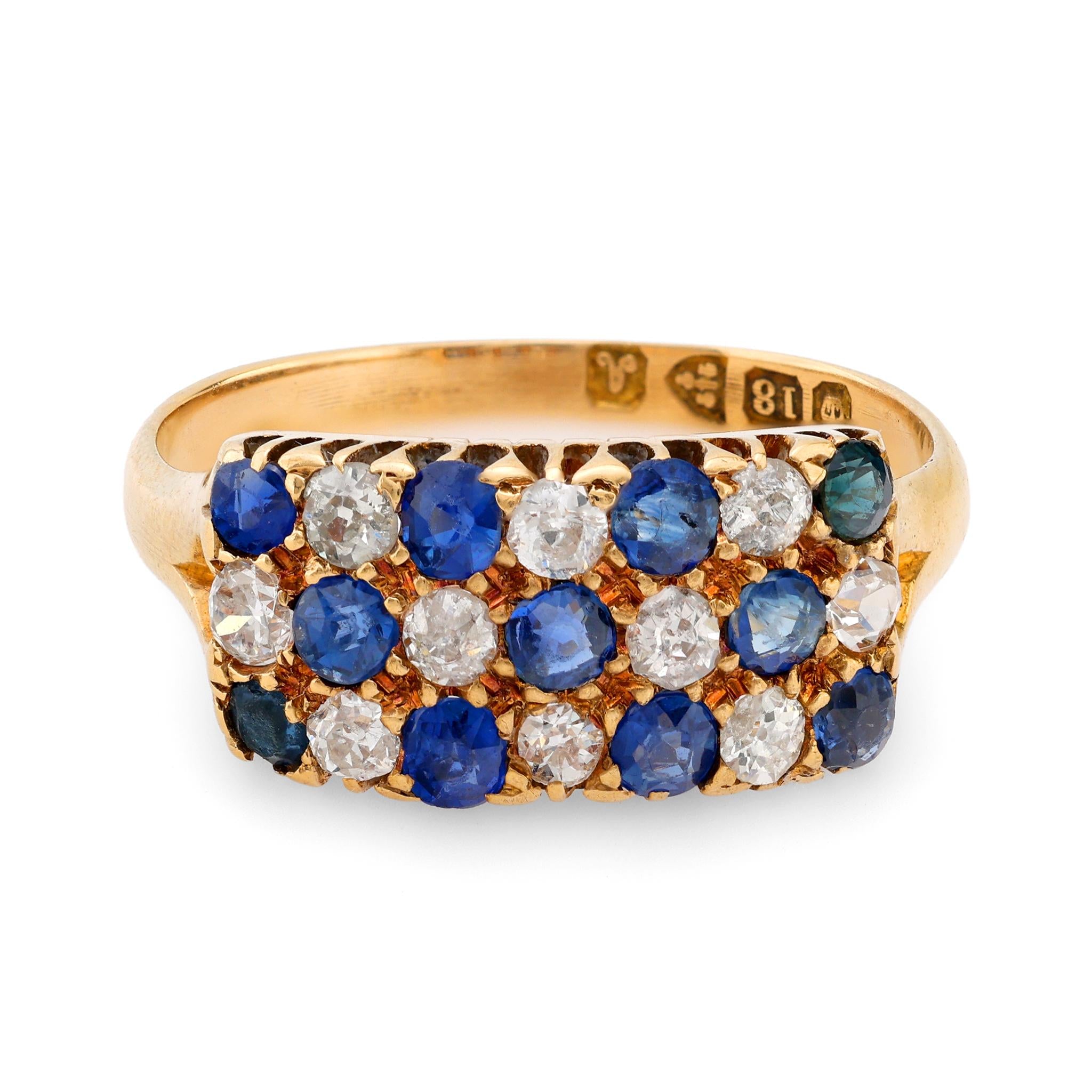 Victorian sapphire diamond 18k yellow gold checkerboard ring Victorian sapphire diamond 18k yellow gold checkerboard ring