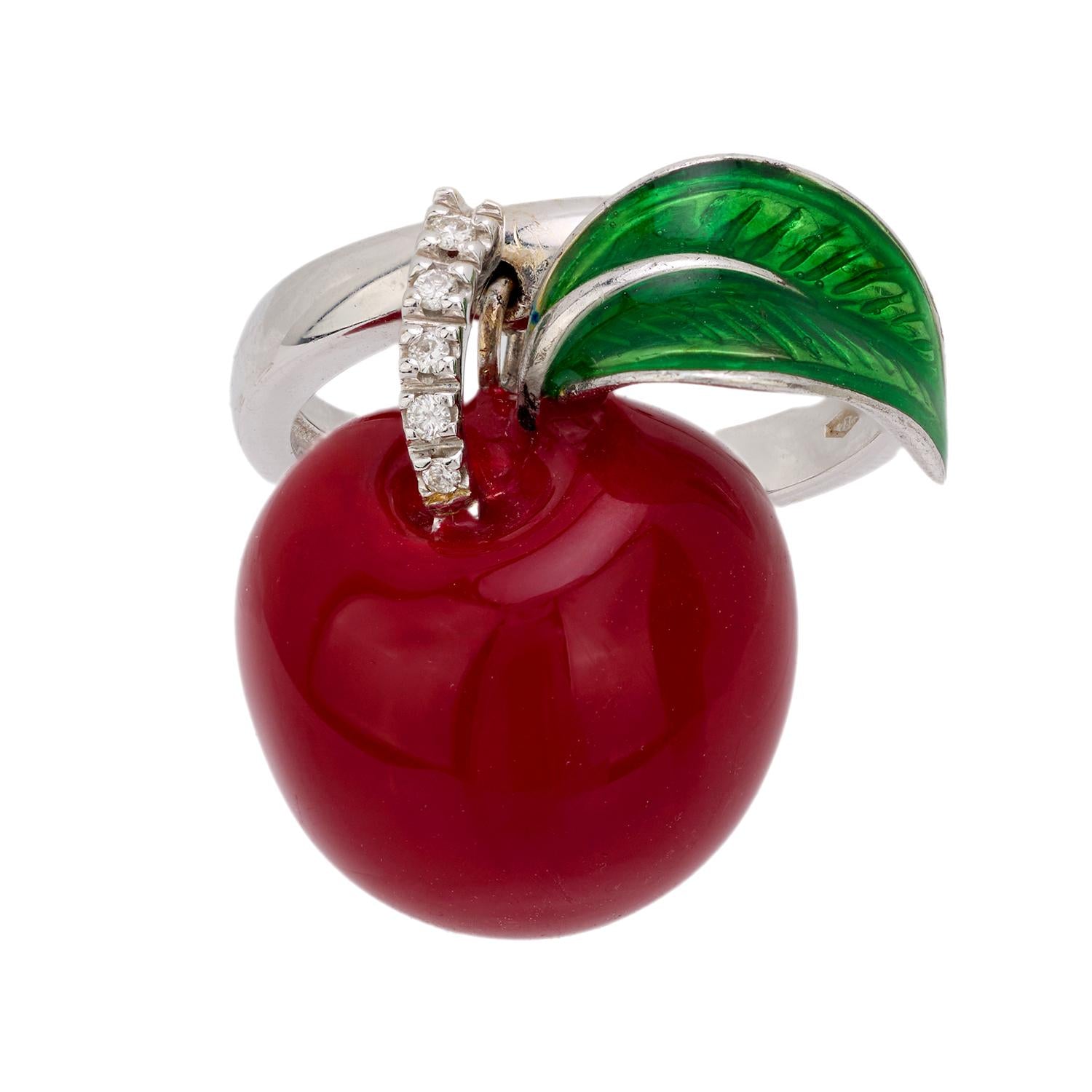 Vintage Italian 18k white gold, silver and enamel cherry ring