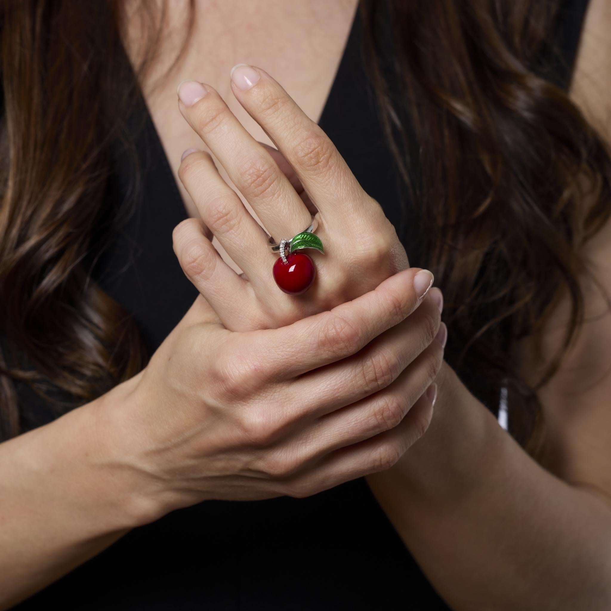 Vintage Italian 18k white gold, silver and enamel cherry ring