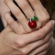 Vintage Italian 18k white gold, silver and enamel cherry ring