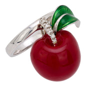 Vintage Italian 18k white gold, silver and enamel cherry ring