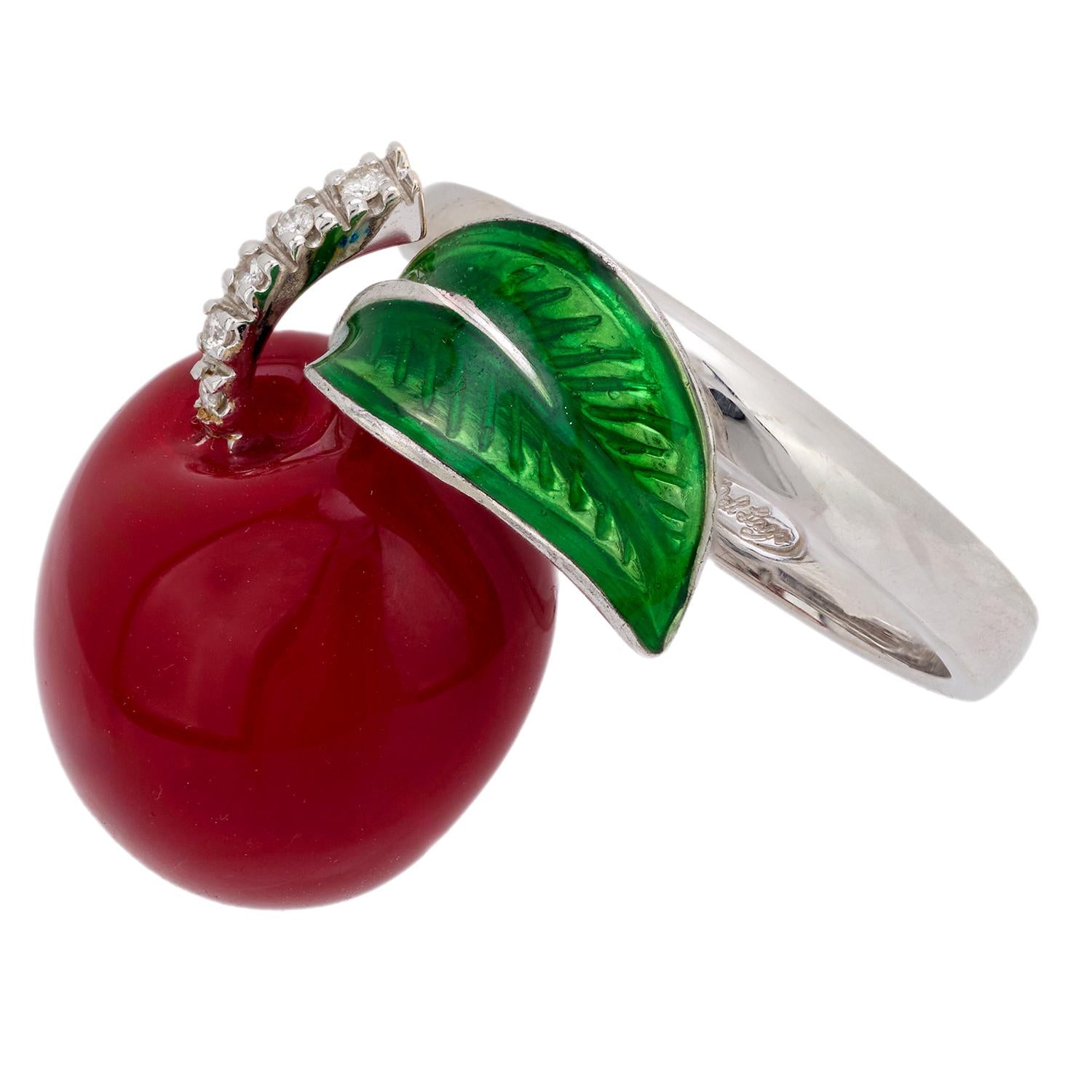 Vintage Italian 18k white gold, silver and enamel cherry ring