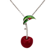 Vintage Italian diamond 18k white gold, silver, enamel cherry necklace