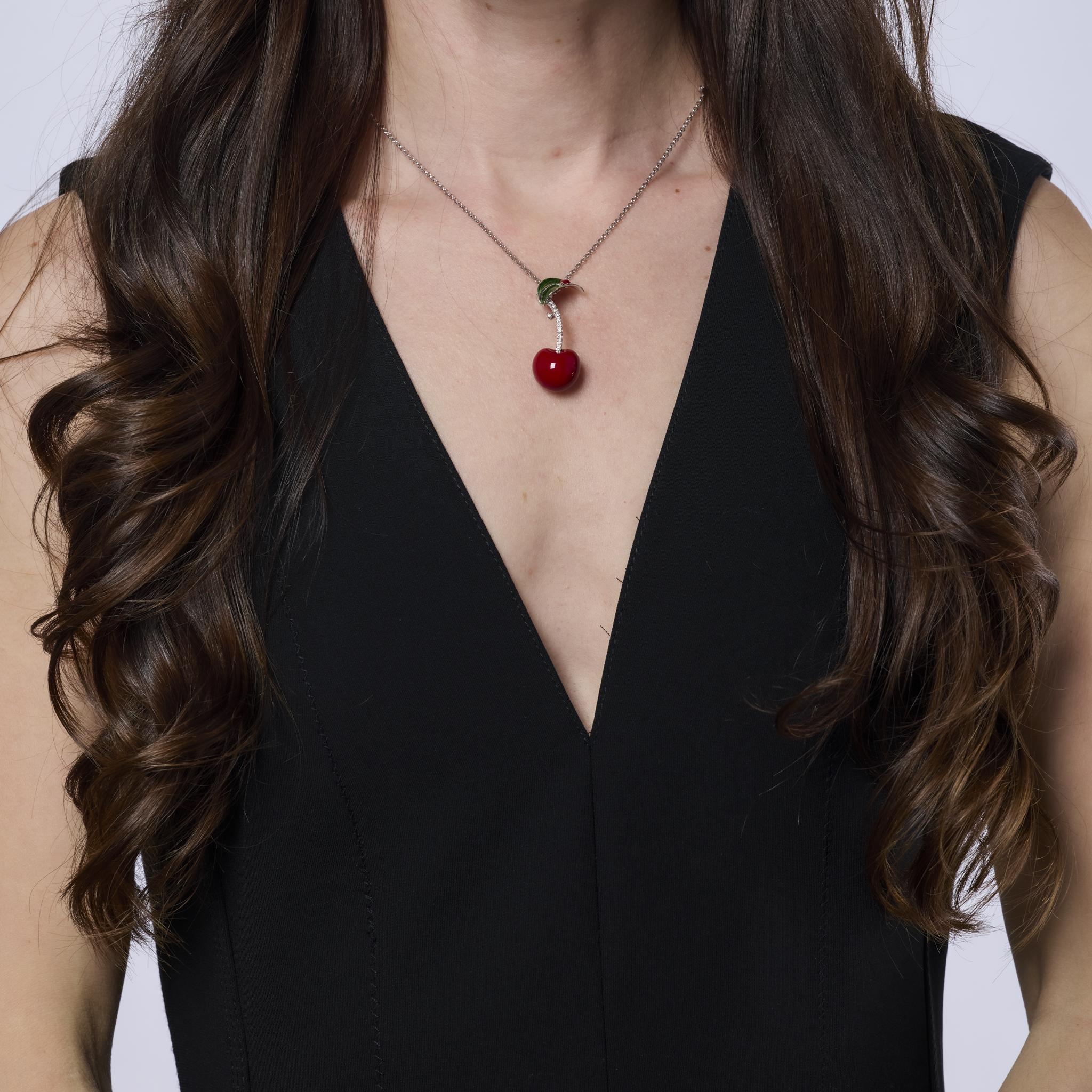 Vintage Italian diamond 18k white gold, silver, enamel cherry necklace