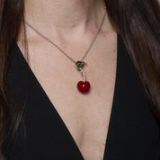 Vintage Italian diamond 18k white gold, silver, enamel cherry necklace