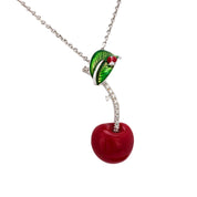 Vintage Italian diamond 18k white gold, silver, enamel cherry necklace