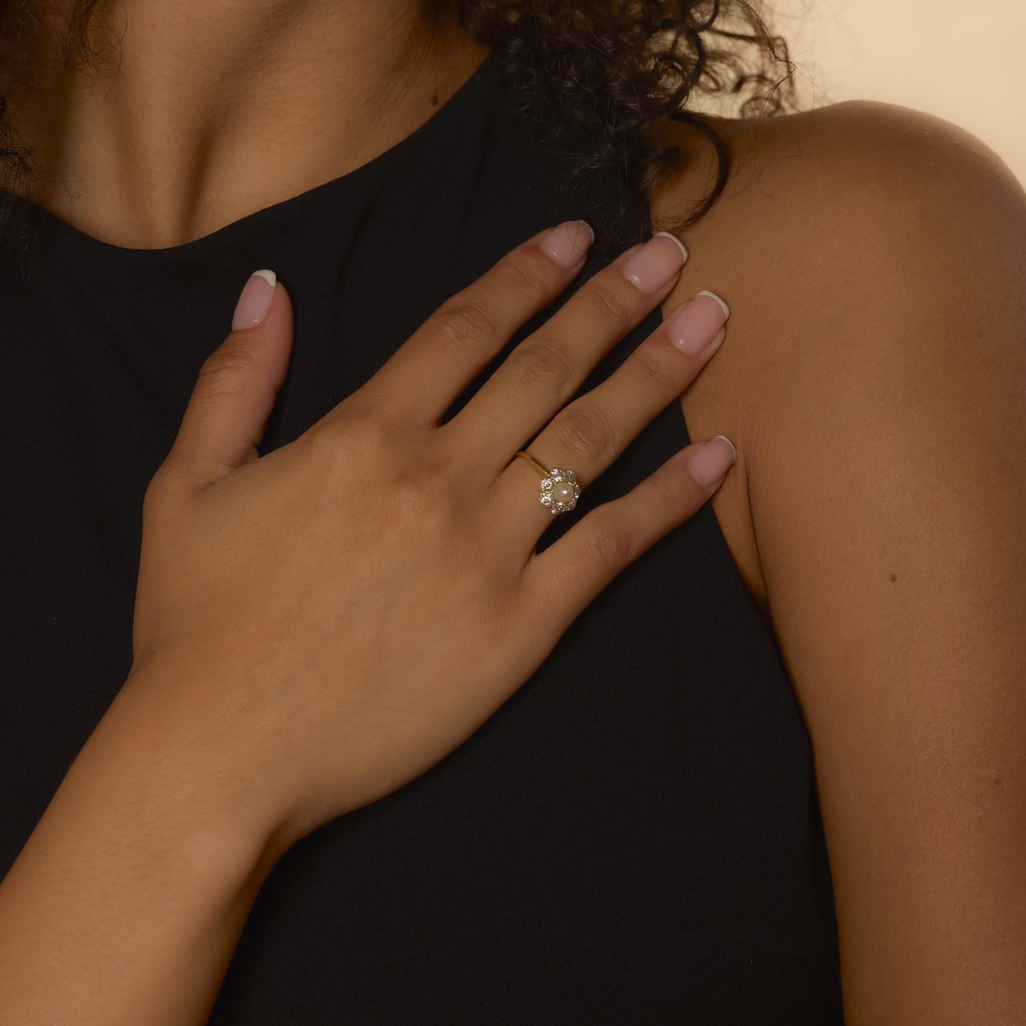 Edwardian pearl diamond 18k yellow gold cluster ring