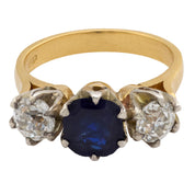 GIA 1.30 carat Burma no heat sapphire diamond 18k yellow gold three stone ring