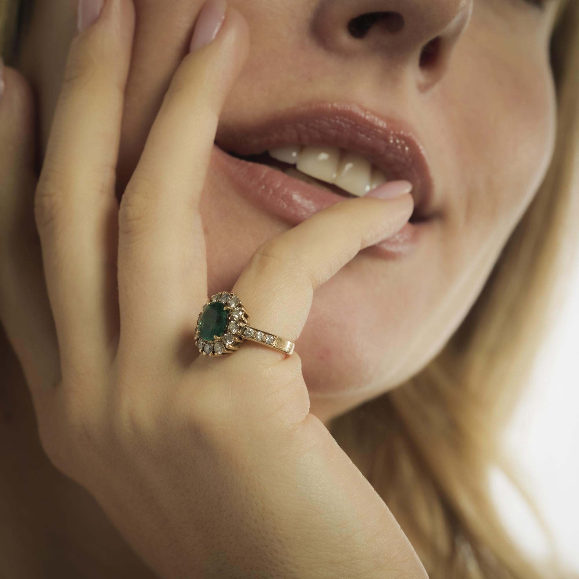 Vintage GIA 1.30 carat emerald diamond 14k rose gold cluster ring