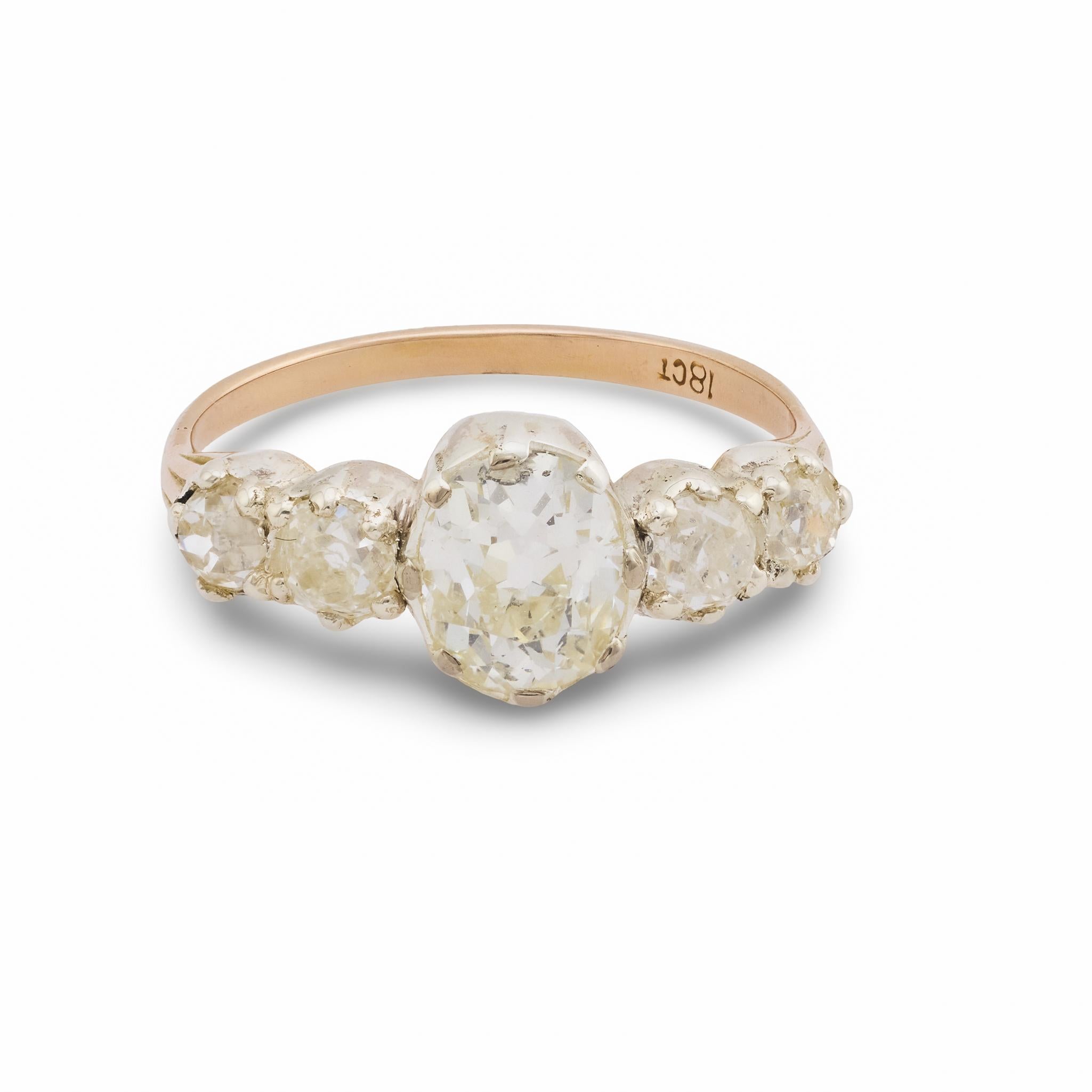 Victorian 1.21 carat diamond 18k rose gold and silver 5 stone engagement ring