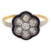 Edwardian diamond sapphire 18k yellow gold and platinum flower ring