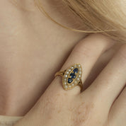 Victorian sapphire seed pearl 18k yellow gold navette ring
