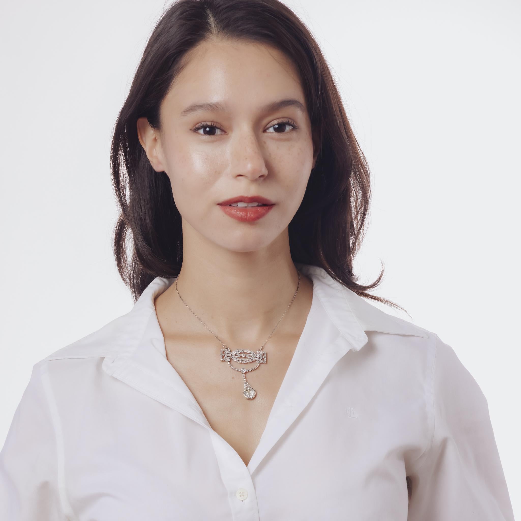 Belle Époque French GIA 3.59 carat old European cut diamond platinum necklace