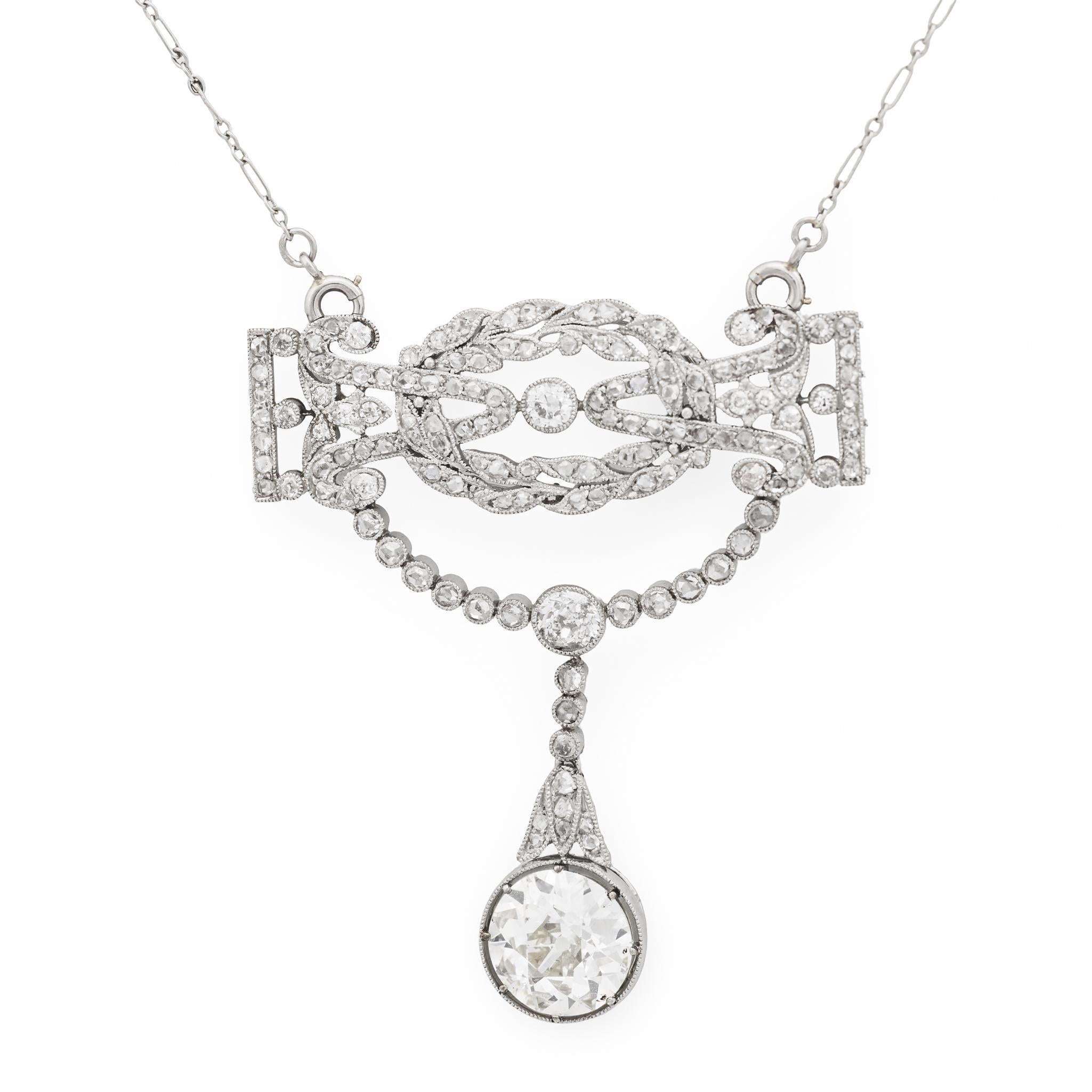 Belle Époque French GIA 3.59 carat old European cut diamond platinum necklace