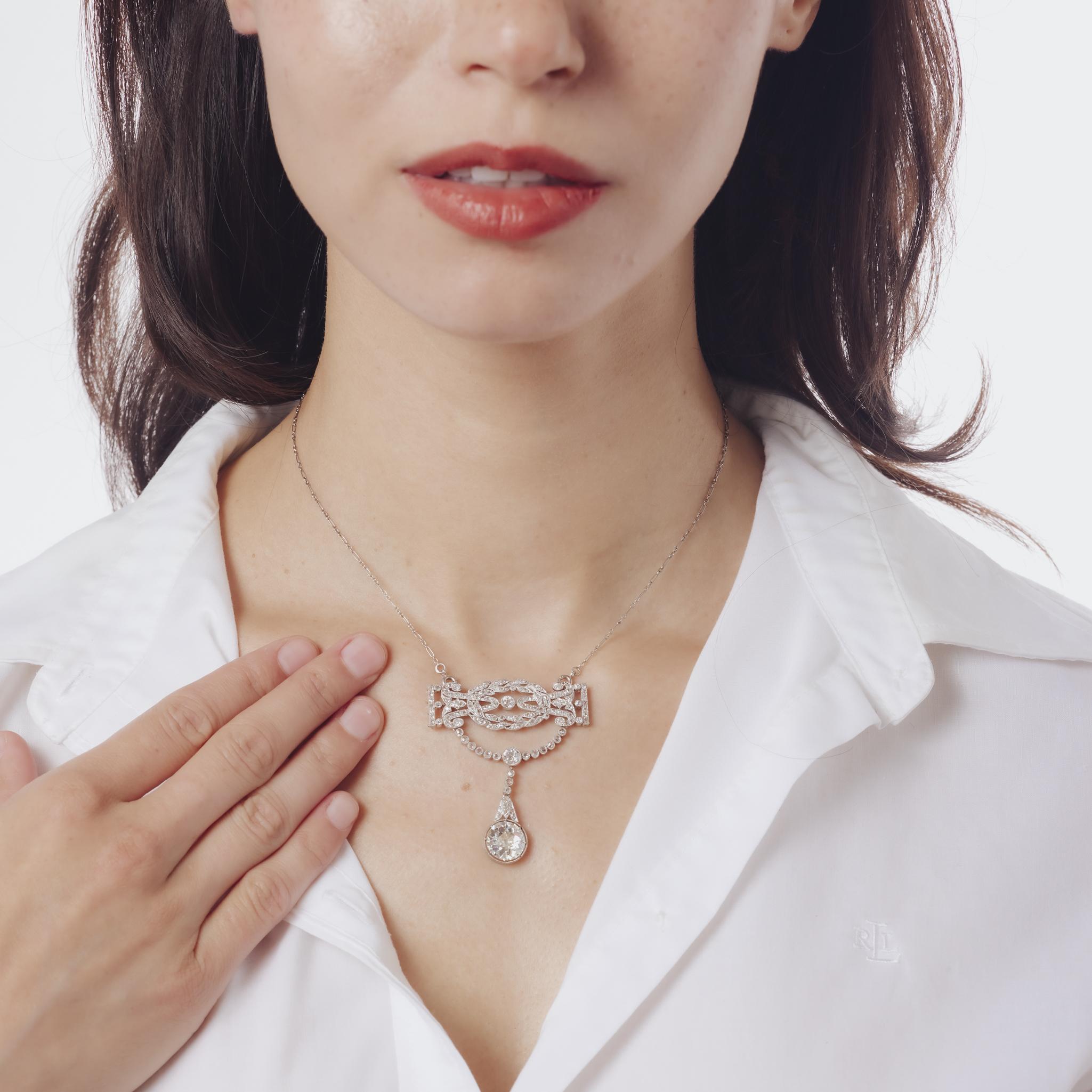 Belle Époque French GIA 3.59 carat old European cut diamond platinum necklace