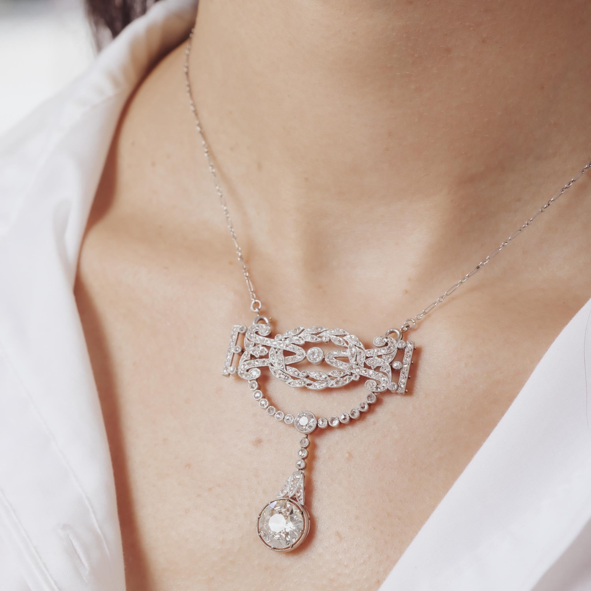 Belle Époque French GIA 3.59 carat old European cut diamond platinum necklace