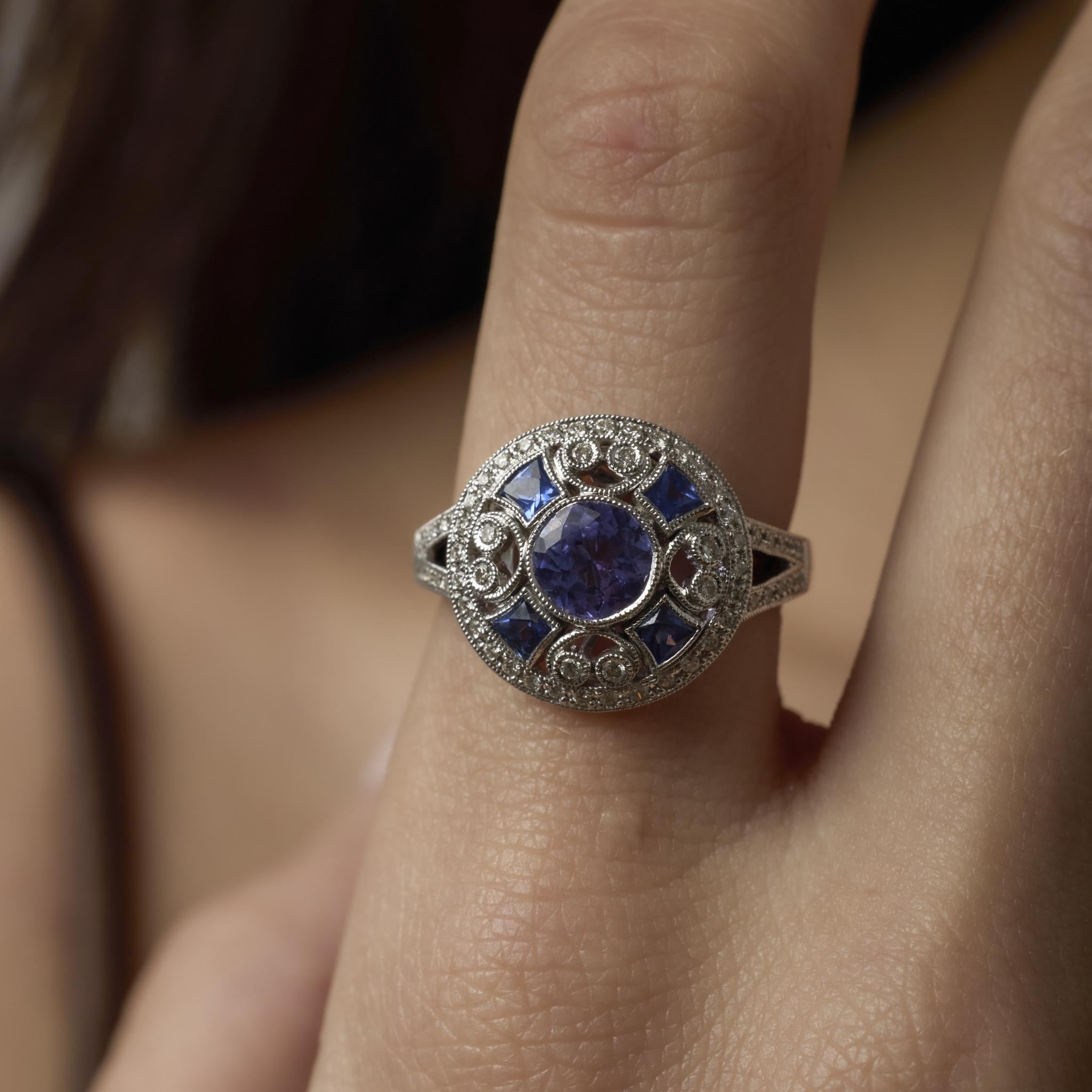 Art Deco style 1.10 carat tanzanite diamond platinum cocktail ring