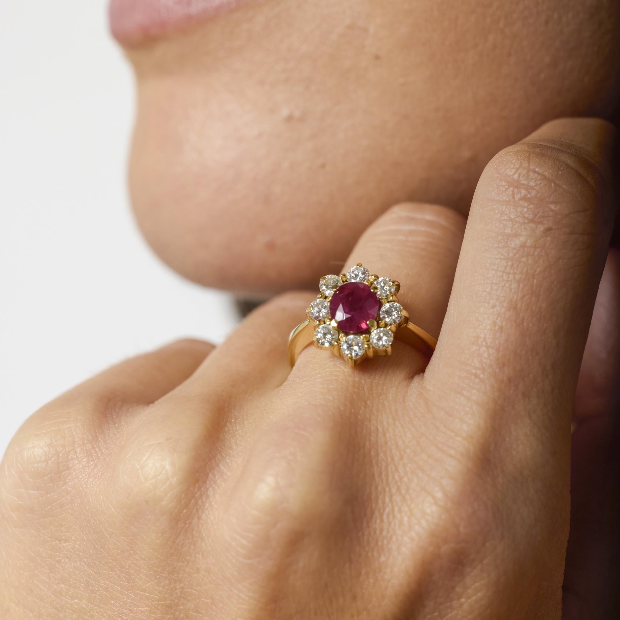 Vintage GIA 1.45 carat Burma ruby diamond 18k yellow gold cluster ring