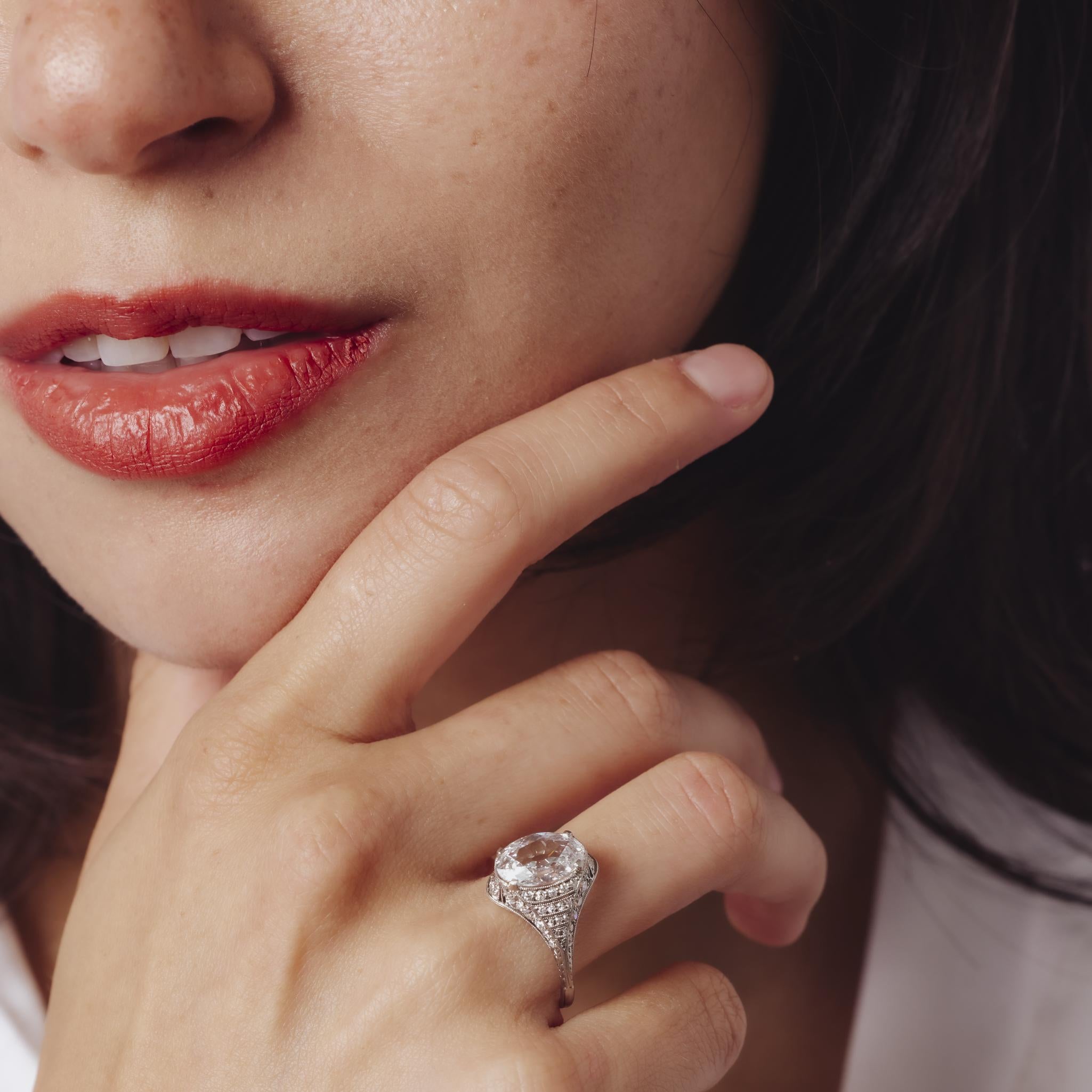 Art Deco GIA 1.52 carat oval cut diamond platinum engagement ring