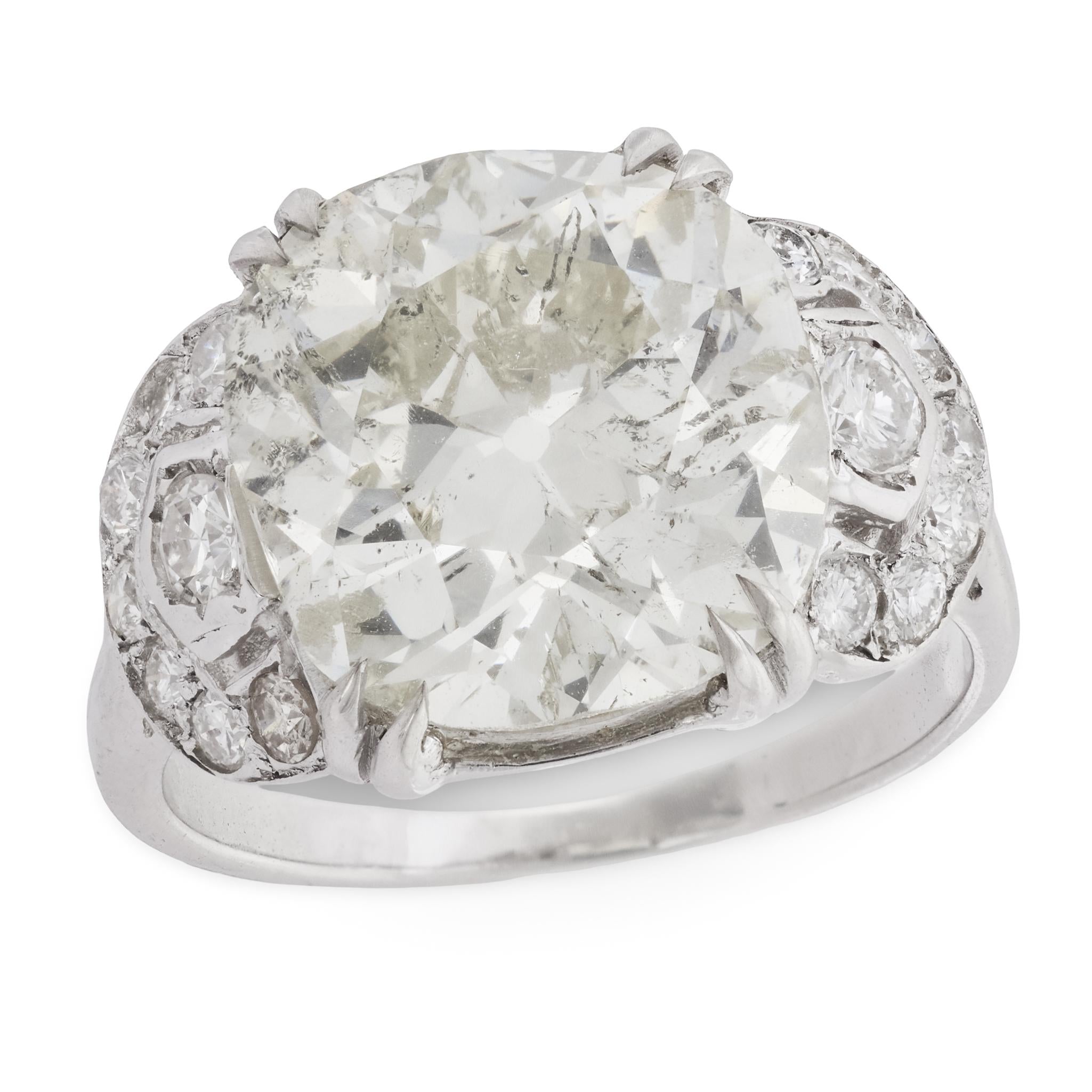 French Art Deco GIA 6.38 carat old mine cut diamond 18k white gold ring