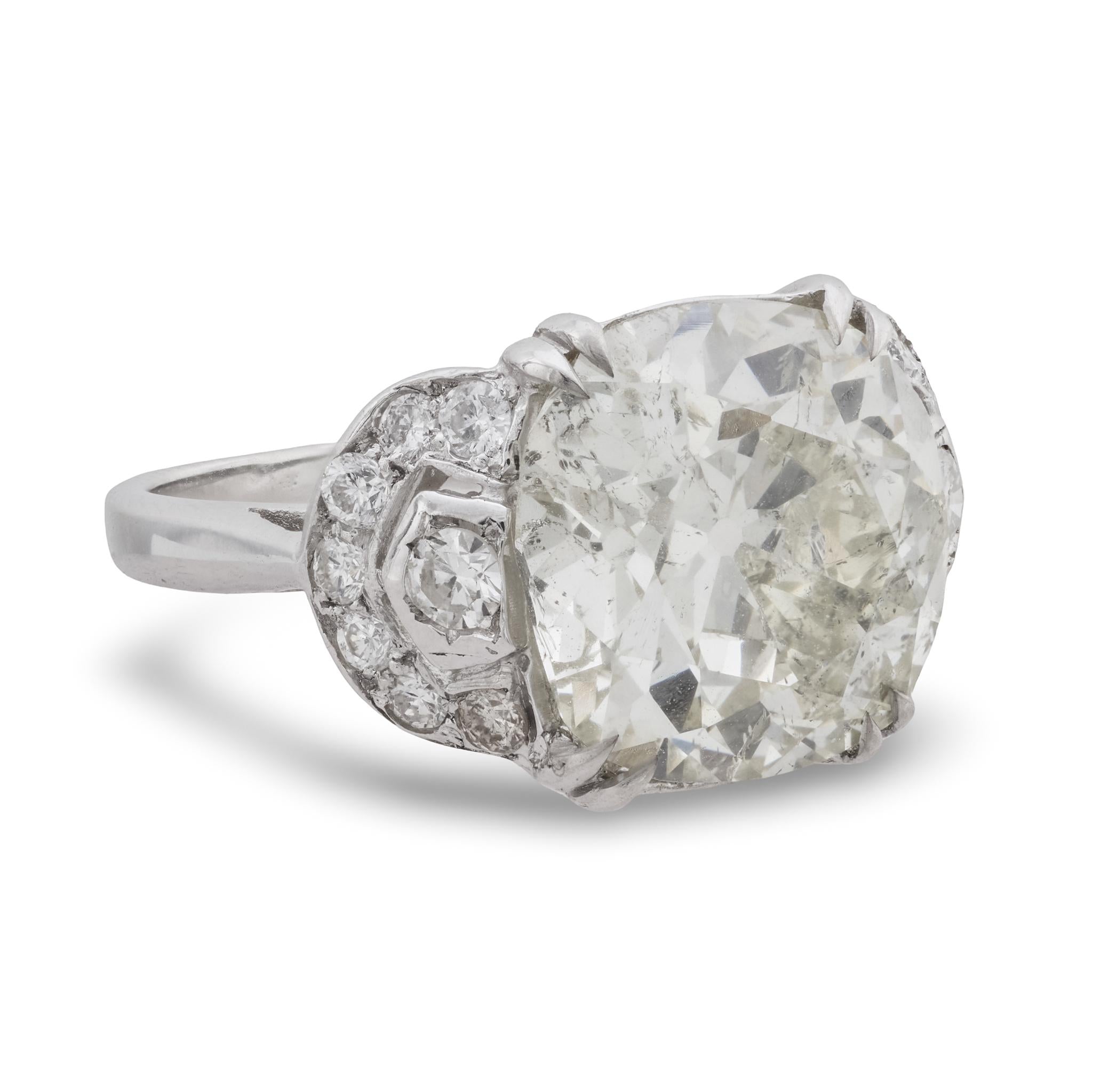 French Art Deco GIA 6.38 carat old mine cut diamond 18k white gold ring