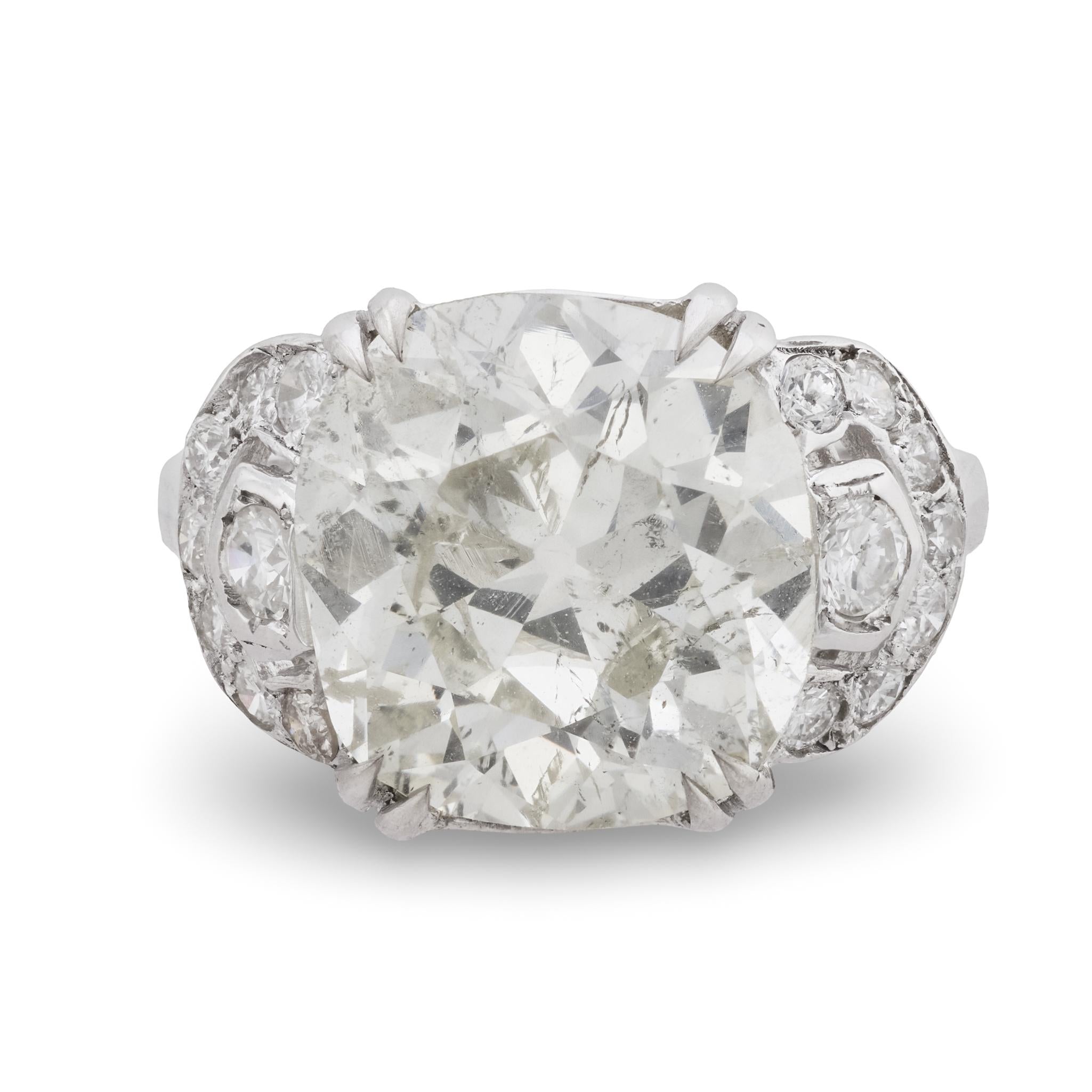 French Art Deco GIA 6.38 carat old mine cut diamond 18k white gold ring