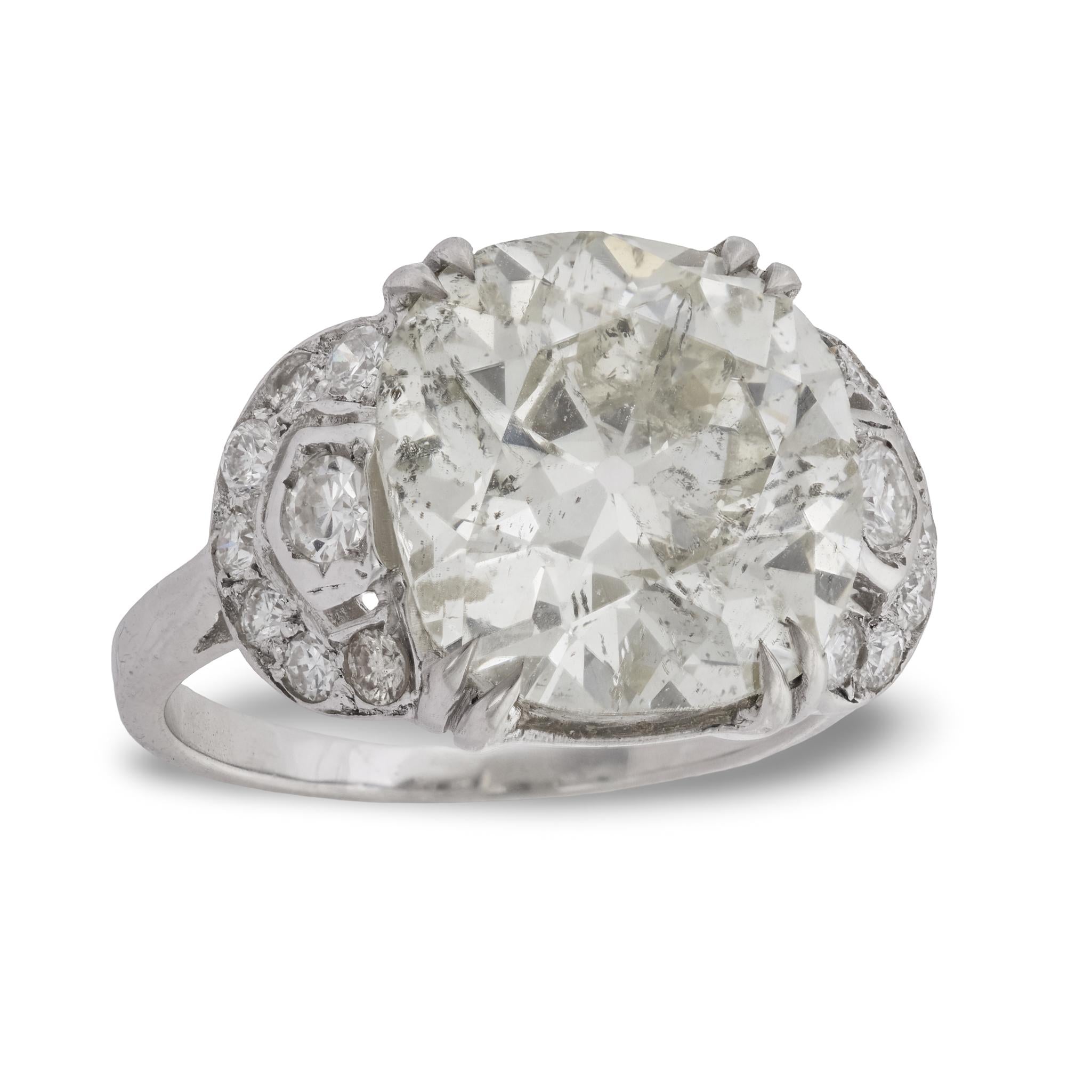 French Art Deco GIA 6.38 carat old mine cut diamond 18k white gold ring