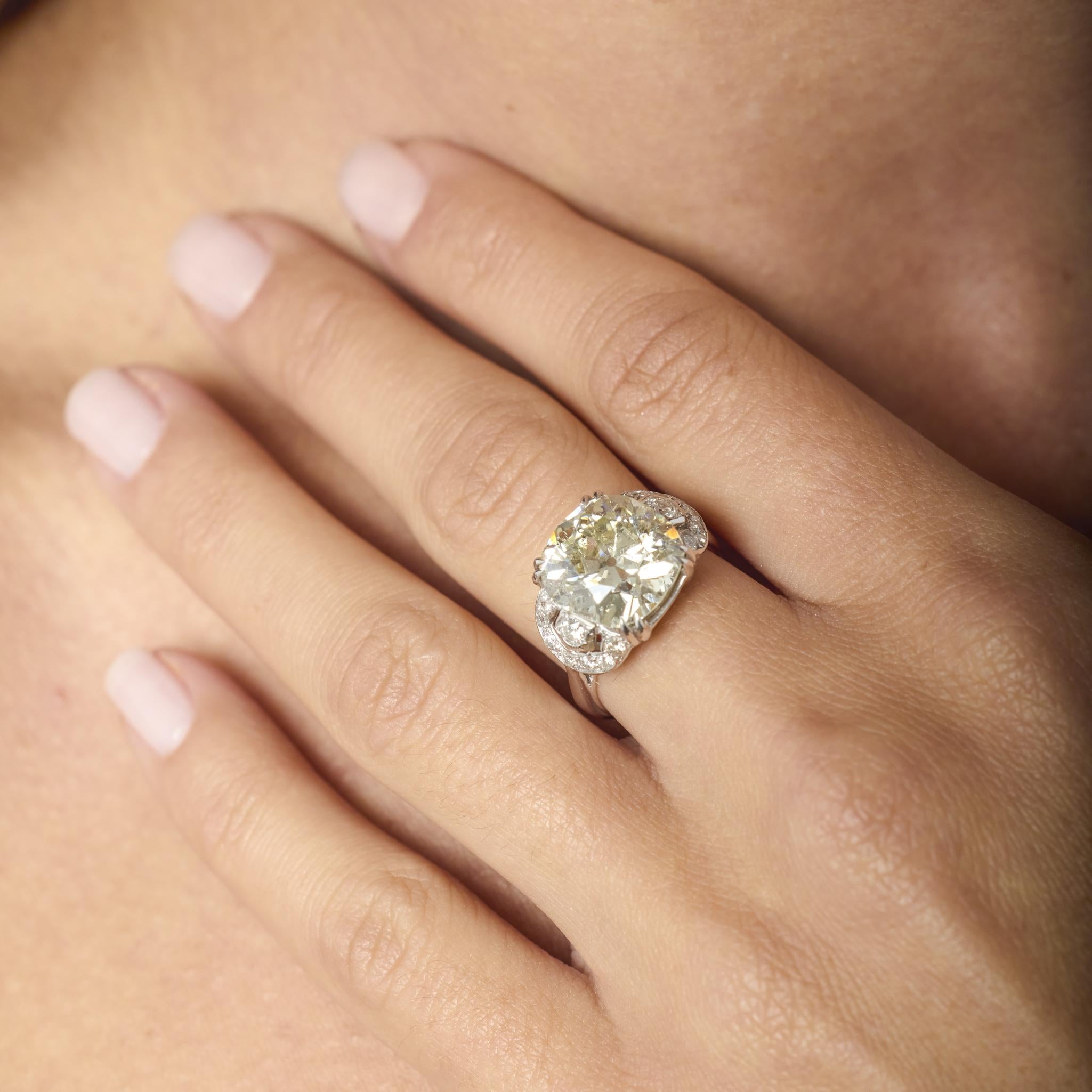 French Art Deco GIA 6.38 carat old mine cut diamond 18k white gold ring