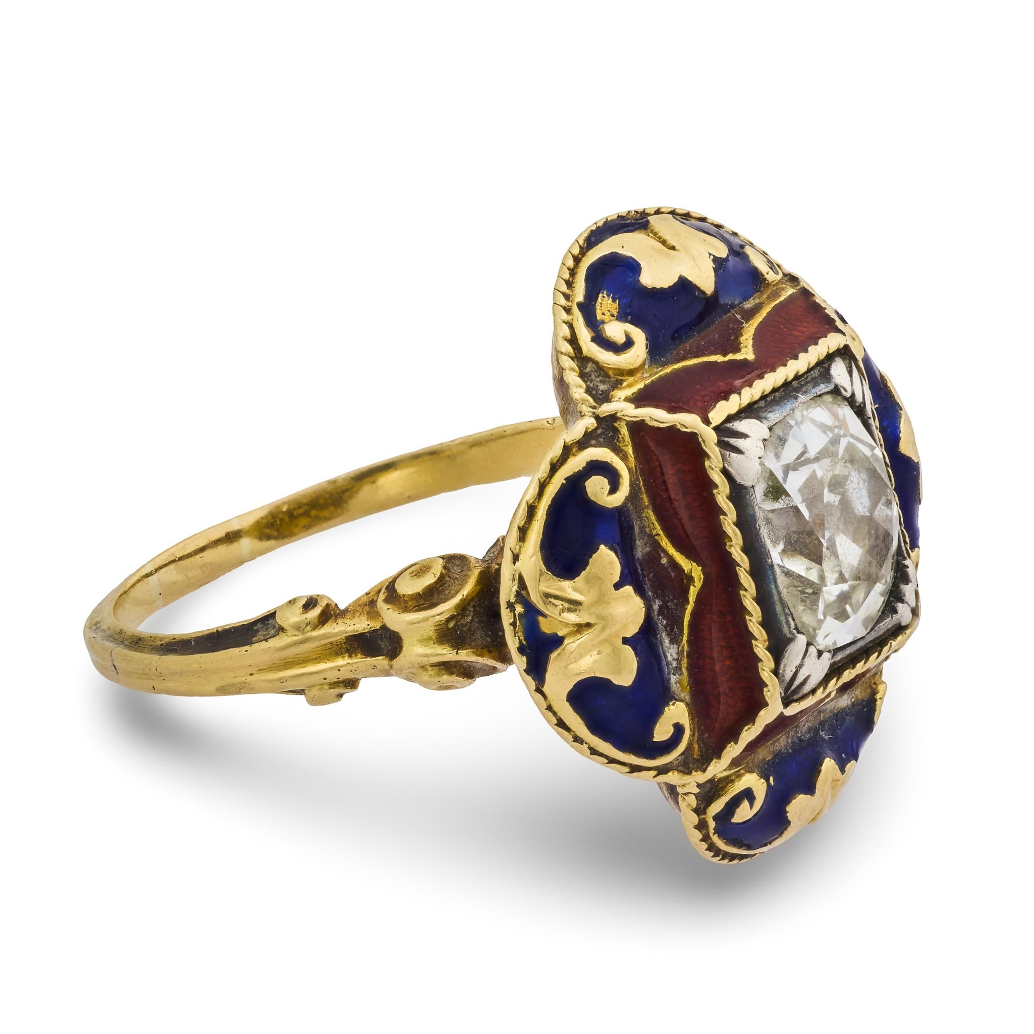 Victorian old mine cut diamond 14k yellow gold enamel ring