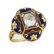 Victorian old mine cut diamond 14k yellow gold enamel ring