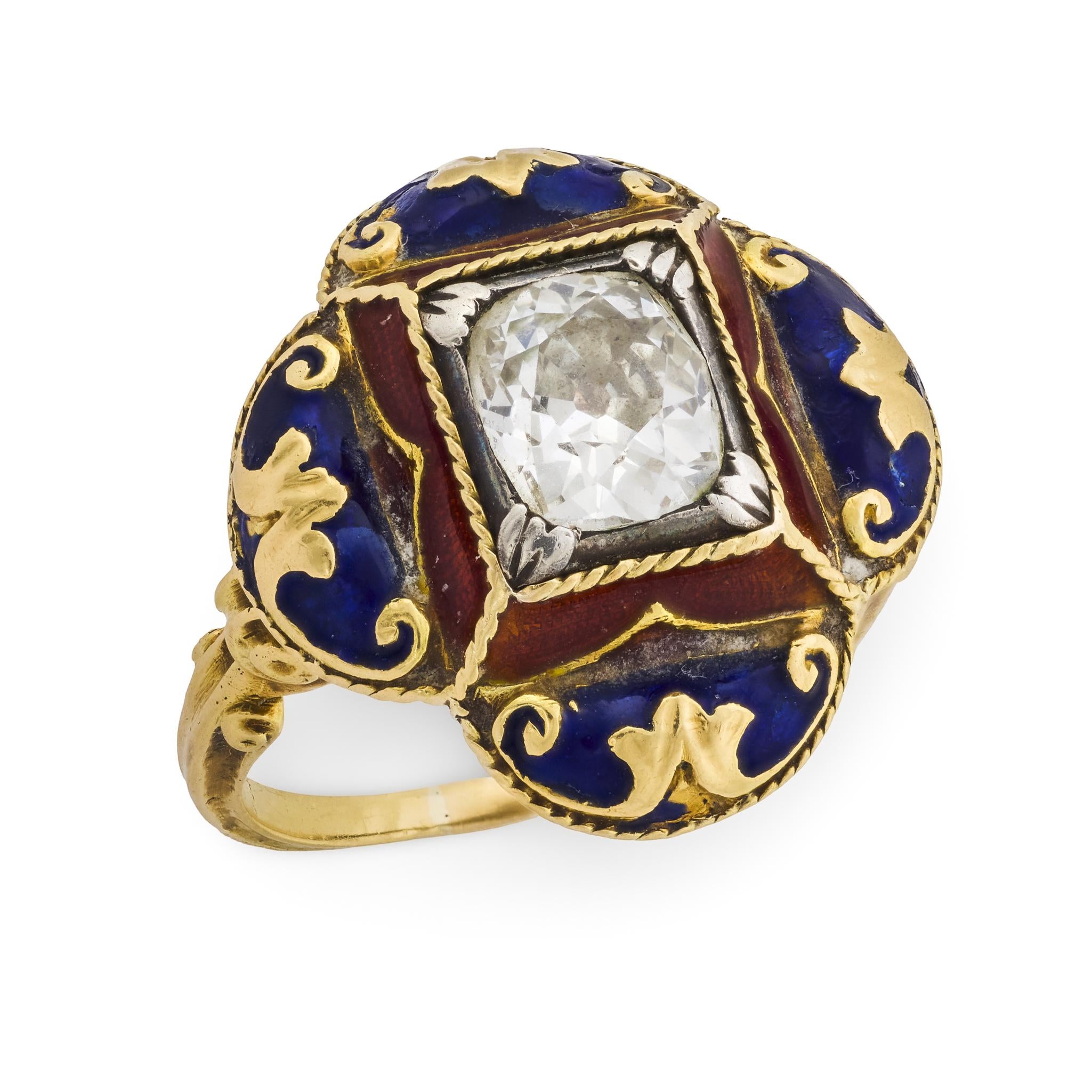 Victorian old mine cut diamond 14k yellow gold enamel ring