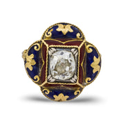 Victorian old mine cut diamond 14k yellow gold enamel ring