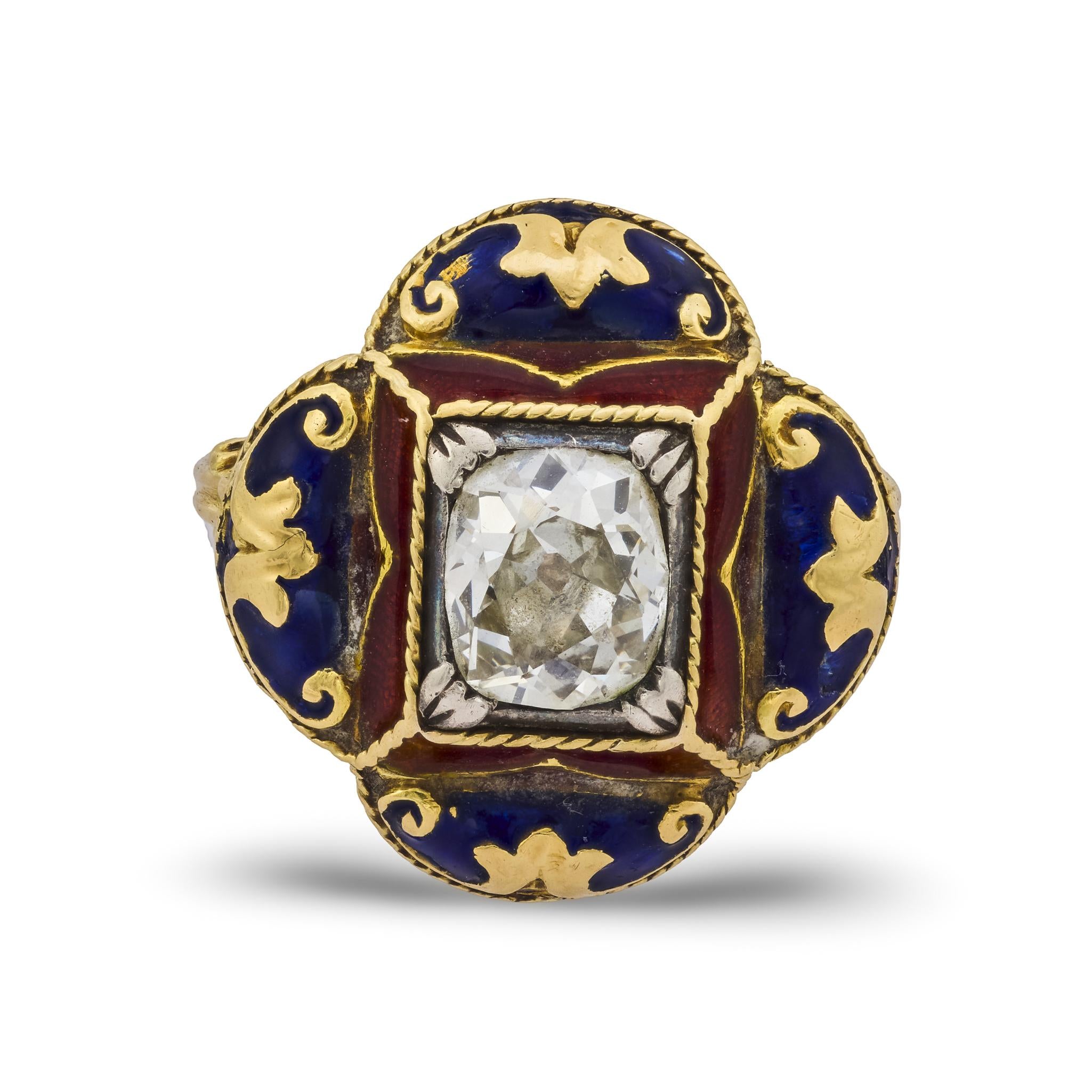 Victorian old mine cut diamond 14k yellow gold enamel ring
