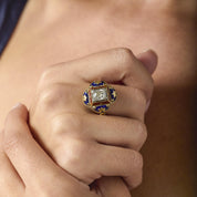 Victorian old mine cut diamond 14k yellow gold enamel ring