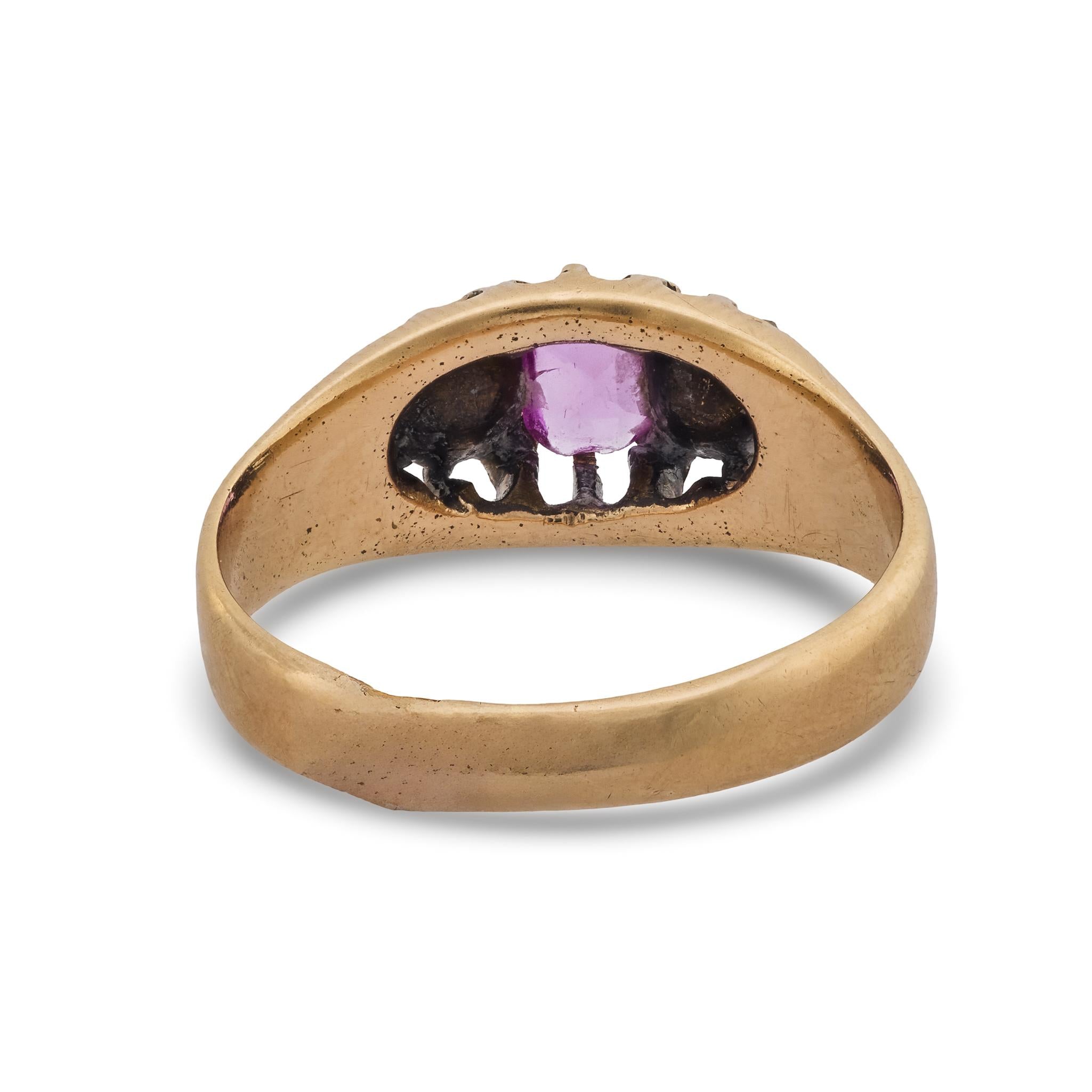 Victorian ruby diamond 14k yellow gold three stone ring