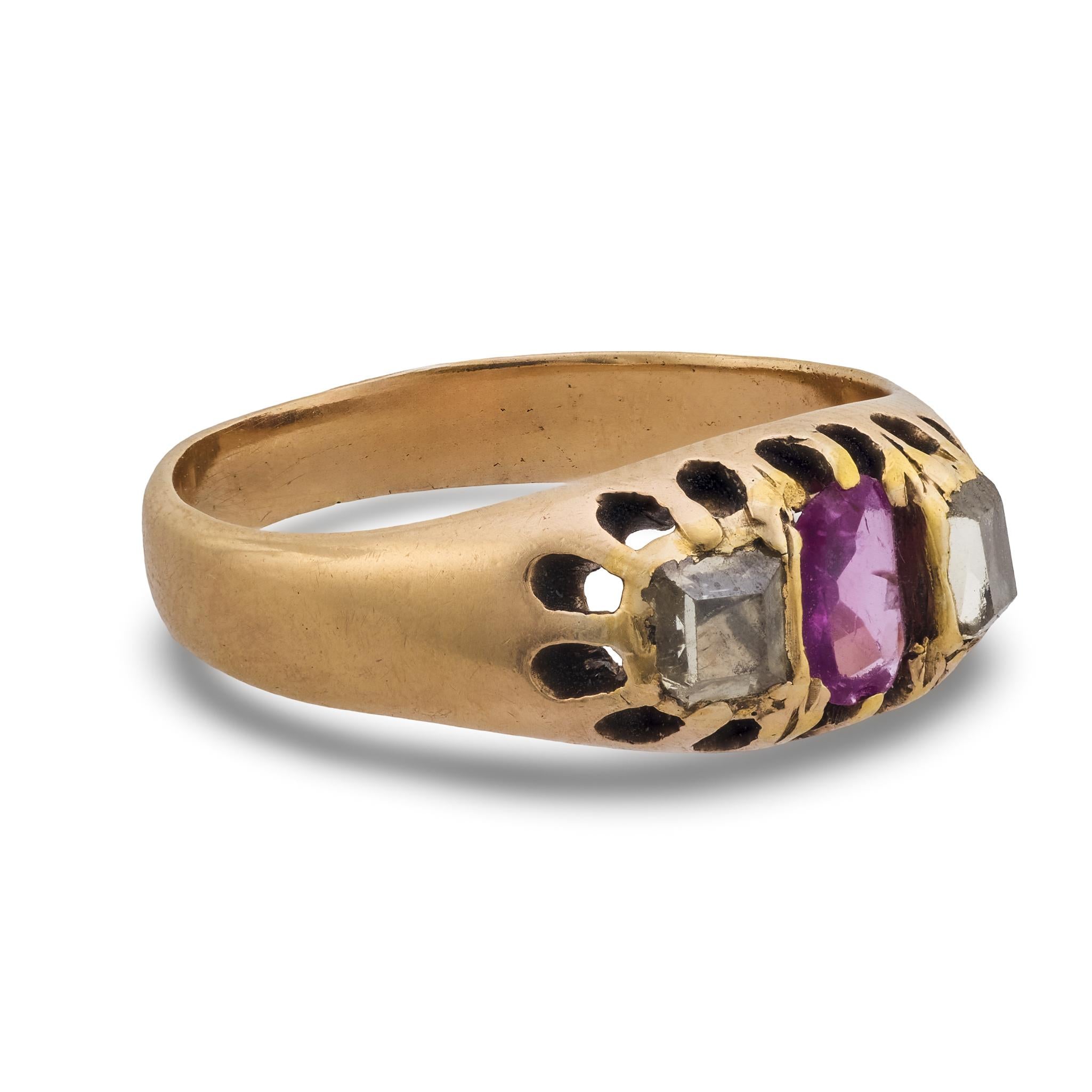Victorian ruby diamond 14k yellow gold three stone ring