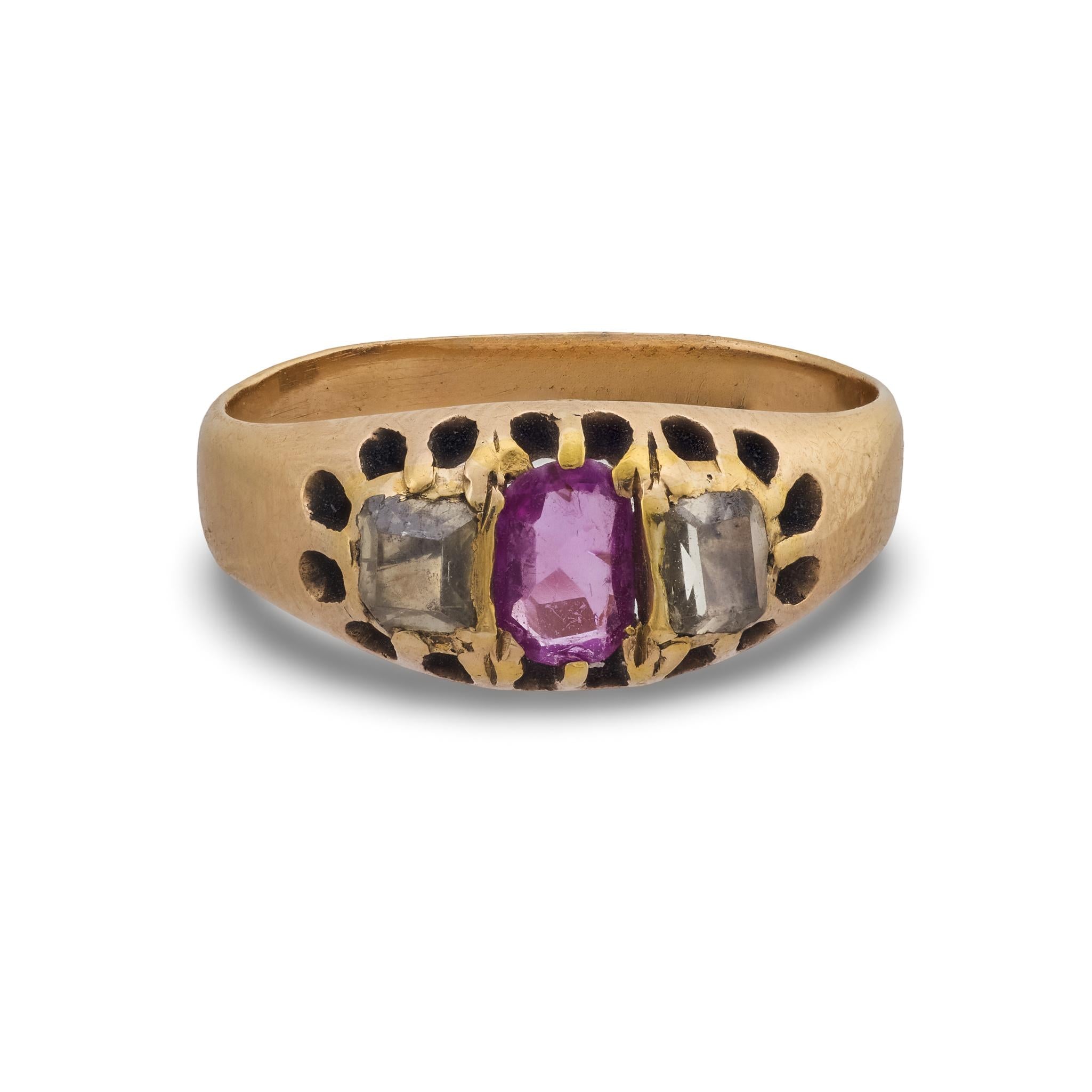 Victorian ruby diamond 14k yellow gold three stone ring