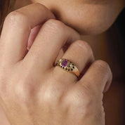 Victorian ruby diamond 14k yellow gold three stone ring