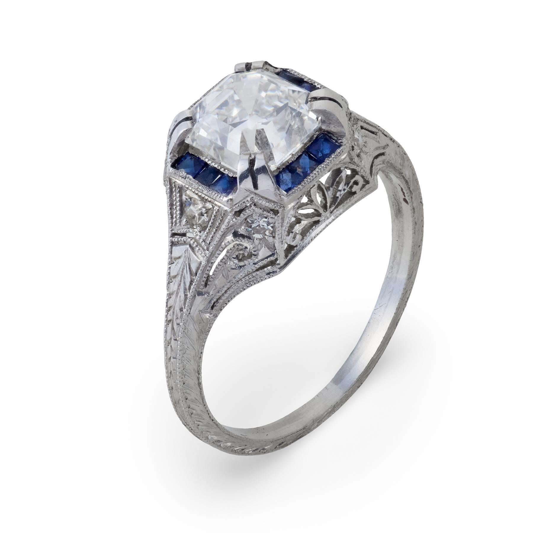 Art Deco GIA 1.90 carat Asscher cut diamond sapphire platinum